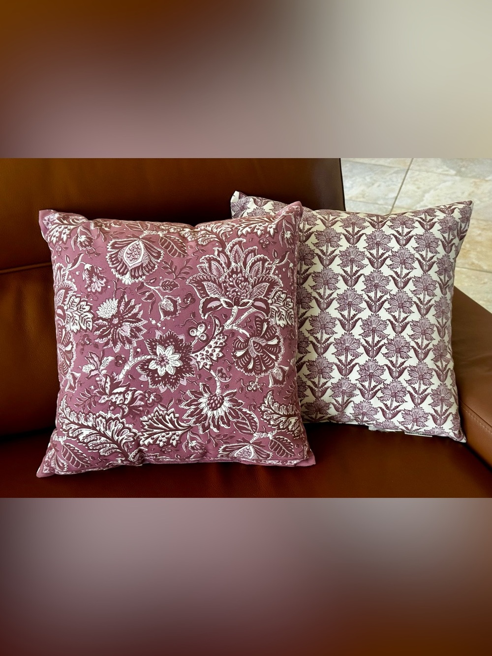 Pottery Barn Set of 2 Square Accent Pillows approx. 15”. CLEAN Purple pink plum